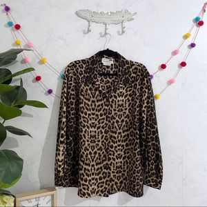 Vintage 18W Leslie Fay Haberdashery Leopard Long Sleeve Button Down Blouse